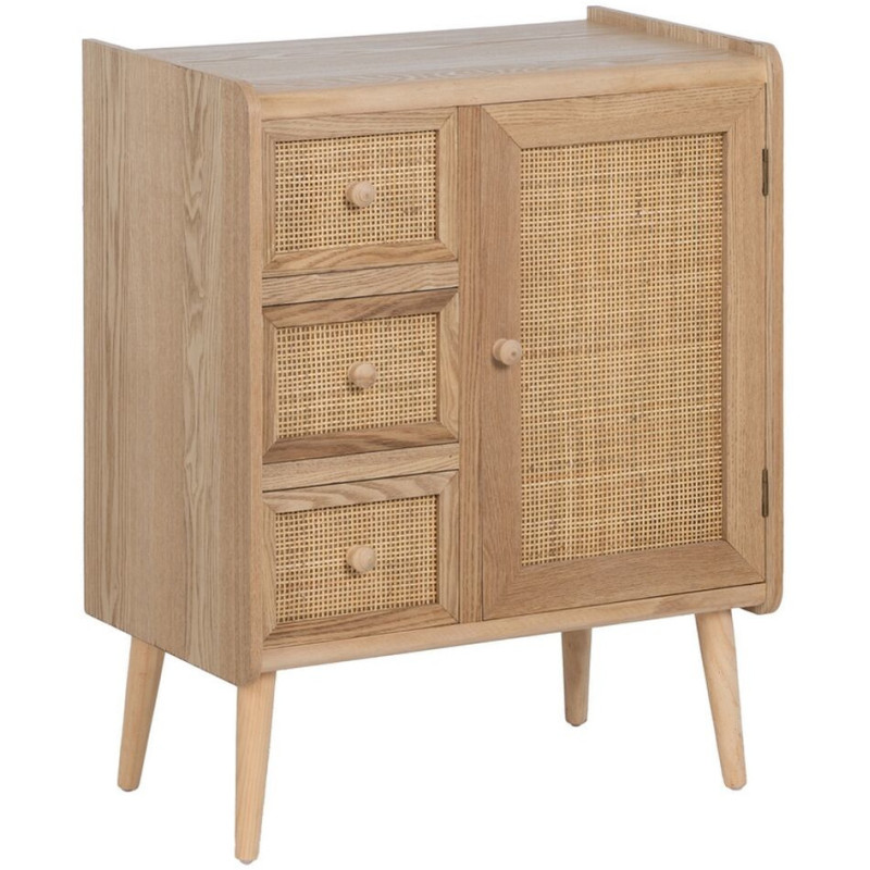 Buffet vintage Bas 1 porte 3 tiroirs en Bois Rotin Naturel Cannage Samir - 1