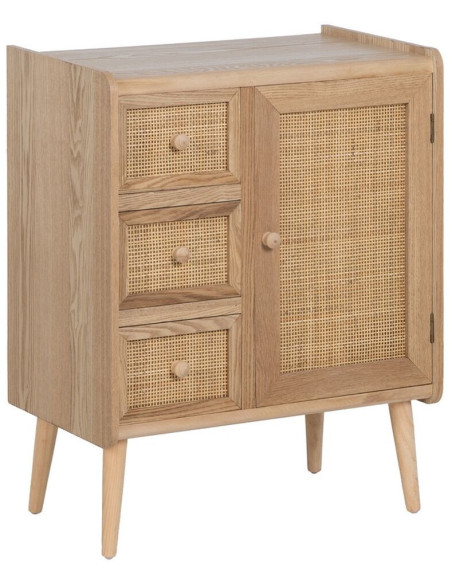 Buffet vintage Bas 1 porte 3 tiroirs en Bois Rotin Naturel Cannage Samir - 1