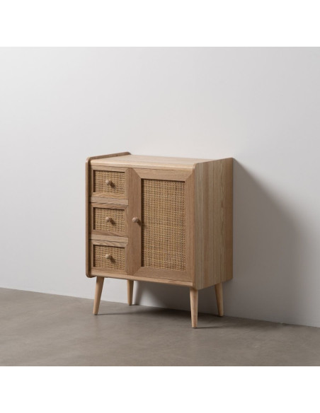 Buffet vintage Bas 1 porte 3 tiroirs en Bois Rotin Naturel Cannage Samir - 2