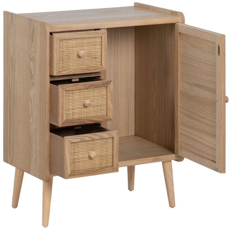 Buffet vintage Bas 1 porte 3 tiroirs en Bois Rotin Naturel Cannage Samir - 3