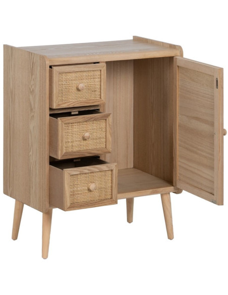 Buffet vintage Bas 1 porte 3 tiroirs en Bois Rotin Naturel Cannage Samir - 3