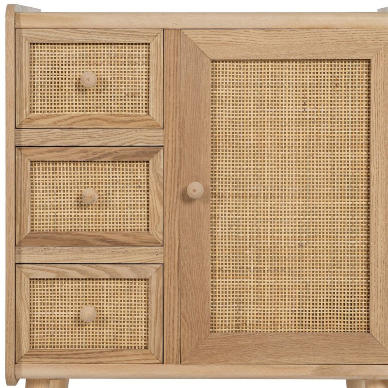 Buffet vintage Bas 1 porte 3 tiroirs en Bois Rotin Naturel Cannage Samir - 4