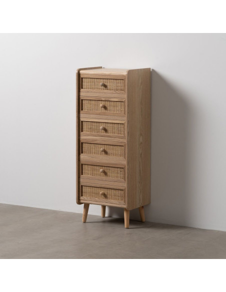 Grand Chiffonnier vintage 6 tiroirs en Bois Rotin Naturel Cannage Samir - 2