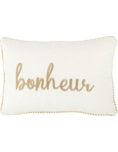 Coussin Rectangulaire Festive 45x45 en Polyester Blanc Doré Message Bonheur - 1