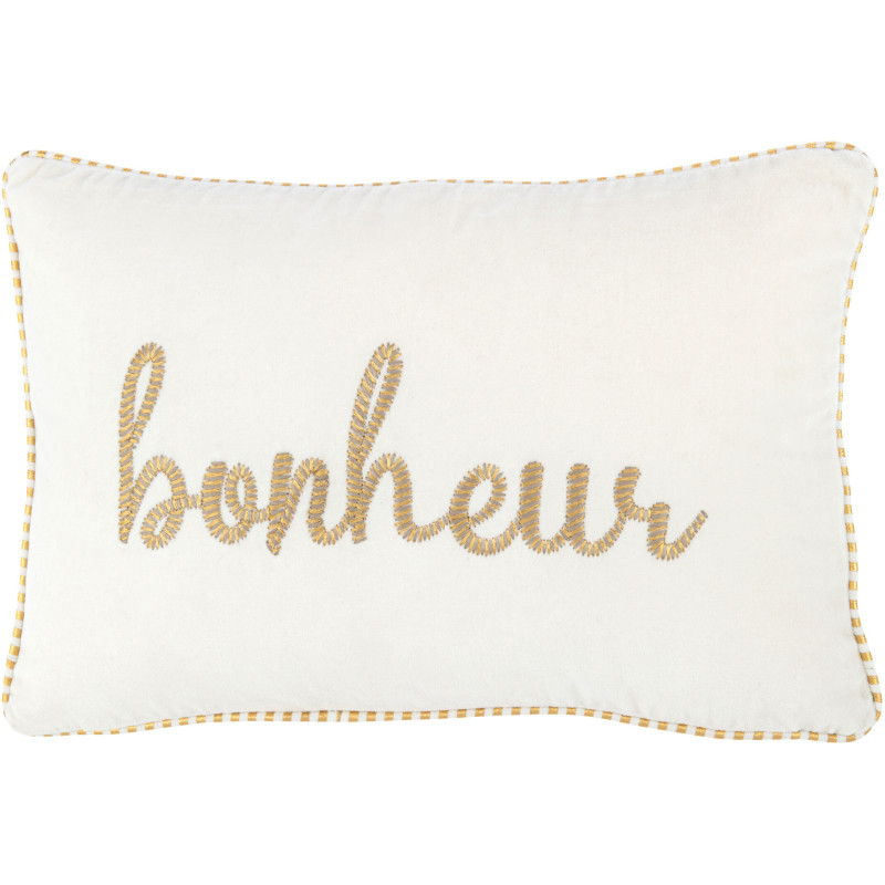 Coussin Rectangulaire Festive 45x45 en Polyester Blanc Doré Message Bonheur - 1