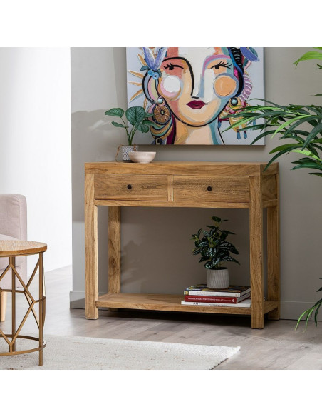 Console rustique Rectangulaire 2 tiroirs en Bois de mindi Naturel Miro - 2