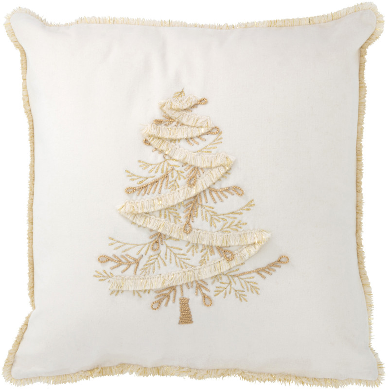 Coussin Carré Festive 45x45 en Polyester Blanc Doré Motif Sapin de Noël Avec franges - 1