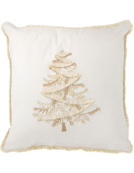 Coussin Carré Festive 45x45 en Polyester Blanc Doré Motif Sapin de Noël Avec franges - 1