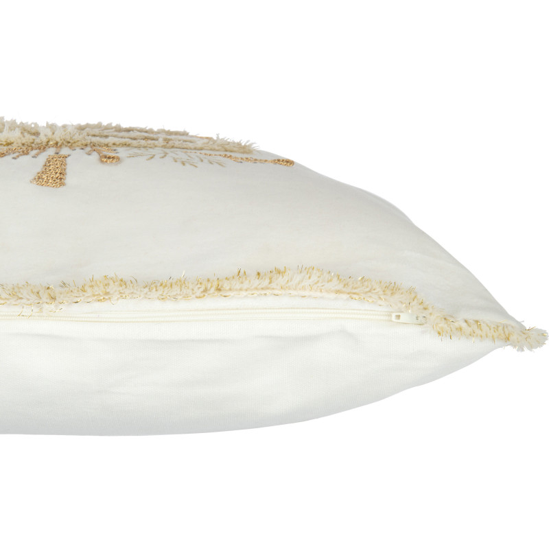 Coussin Carré Festive 45x45 en Polyester Blanc Doré Motif Sapin de Noël Avec franges - 4