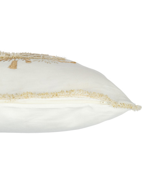 Coussin Carré Festive 45x45 en Polyester Blanc Doré Motif Sapin de Noël Avec franges - 4