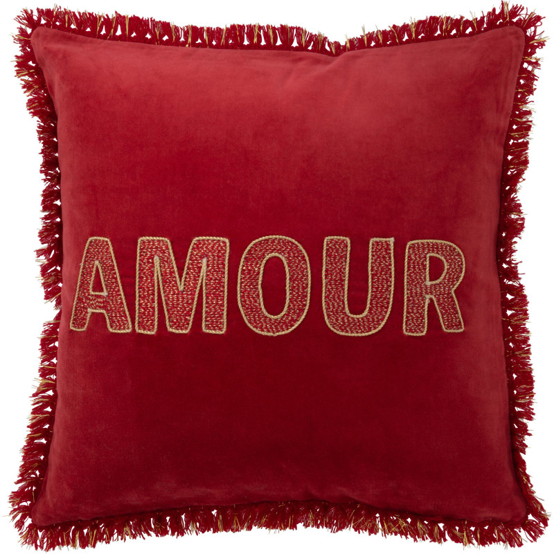 Coussin Carré Festive 45x45 en Polyester Rouge Doré Message Amour Avec franges - 1