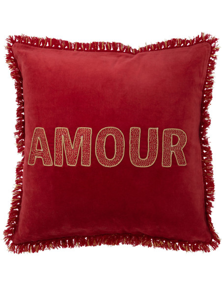 Coussin Carré Festive 45x45 en Polyester Rouge Doré Message Amour Avec franges - 1