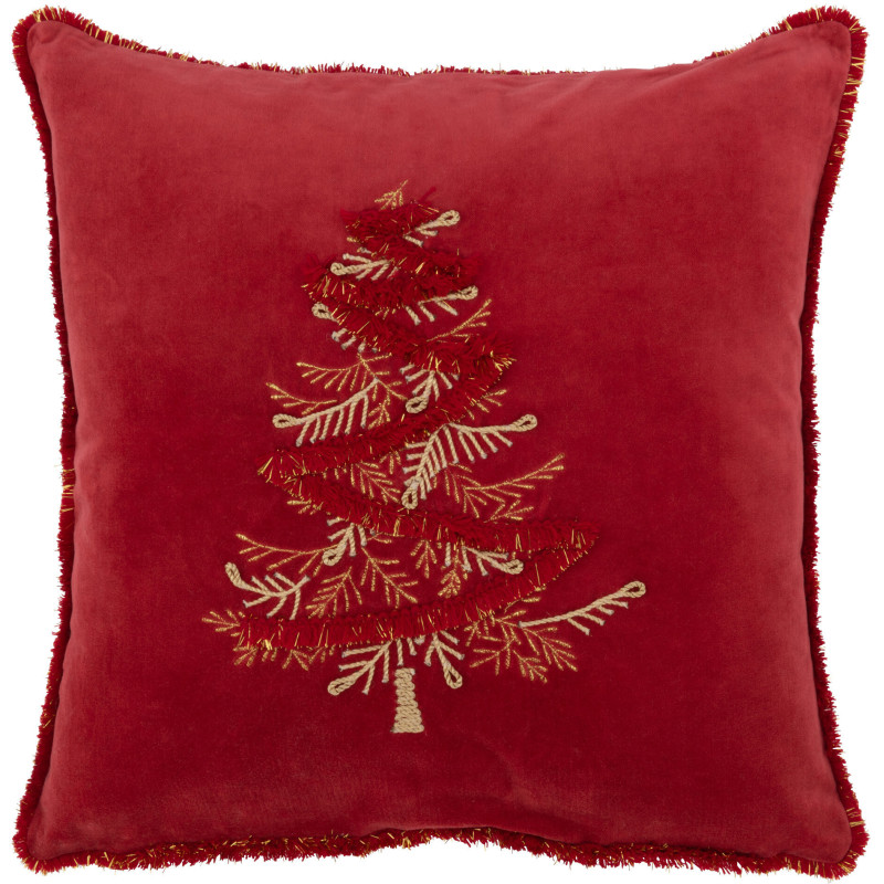 Coussin Carré Festive 45x45 en Polyester Rouge Doré Motif Sapin de Noël Avec franges - 1