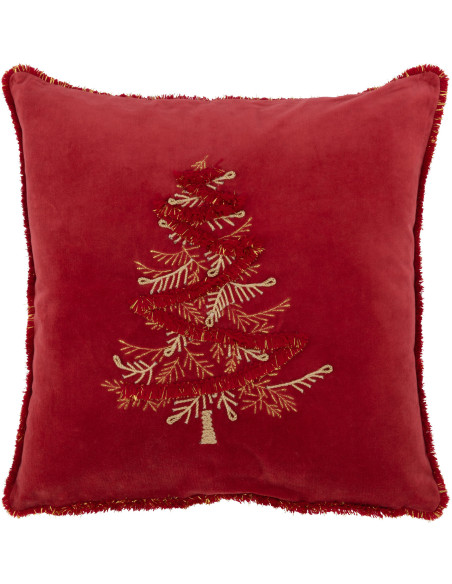 Coussin Carré Festive 45x45 en Polyester Rouge Doré Motif Sapin de Noël Avec franges - 1