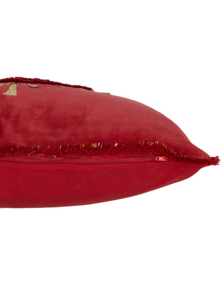 Coussin Carré Festive 45x45 en Polyester Rouge Doré Motif Sapin de Noël Avec franges - 3