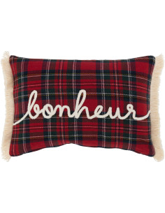 Coussin Rectangulaire Edwige 45x30 en Coton Rouge Vert Motif carreaux Message Bonheur - 1