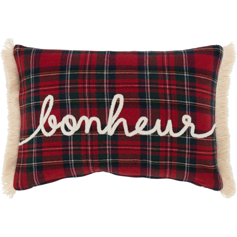 Coussin Rectangulaire Edwige 45x30 en Coton Rouge Vert Motif carreaux Message Bonheur - 1