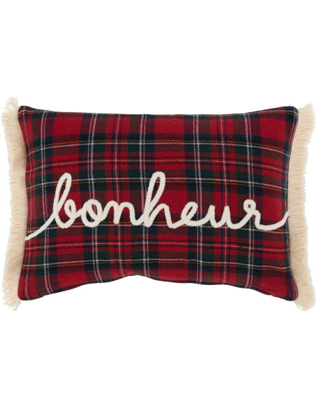 Coussin Rectangulaire Edwige 45x30 en Coton Rouge Vert Motif carreaux Message Bonheur - 1