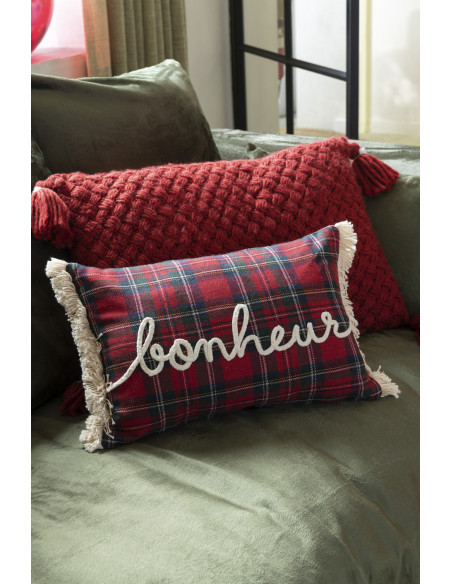 Coussin Rectangulaire Edwige 45x30 en Coton Rouge Vert Motif carreaux Message Bonheur - 2