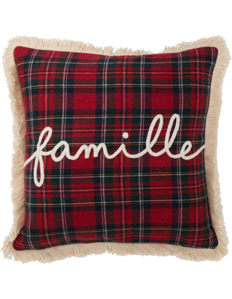 Coussin Carré Edwige 45x45 en Coton Rouge Vert Motif carreaux Message Famille - 1