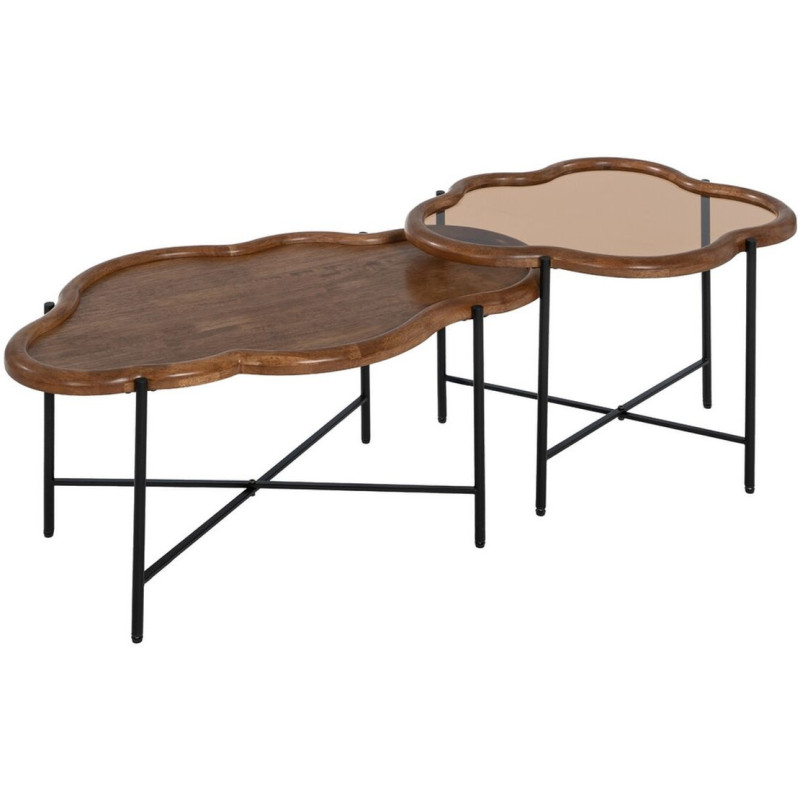 Table basse gigogne originale Nuage en Bois d'hévéa Marron Verre Métal Noir Dalven - 1