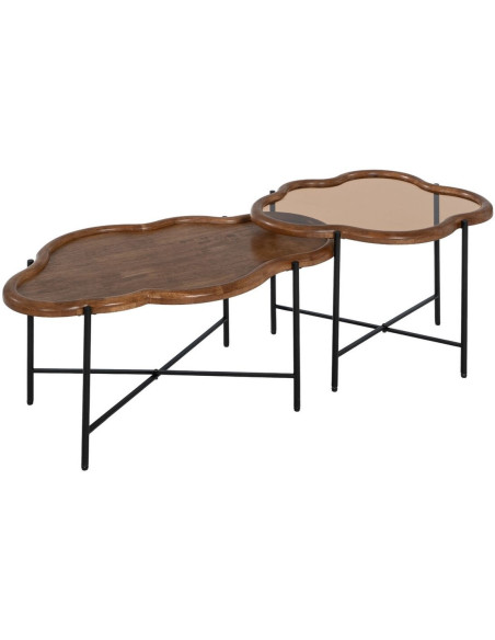 Table basse gigogne originale Nuage en Bois d'hévéa Marron Verre Métal Noir Dalven - 1
