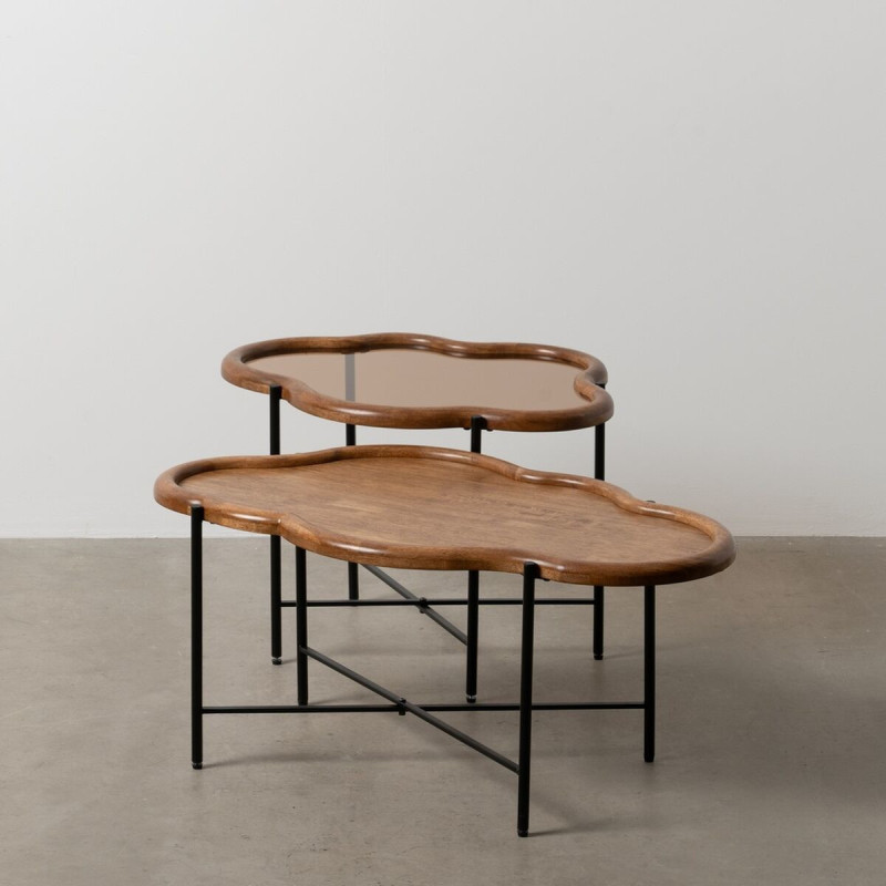 Table basse gigogne originale Nuage en Bois d'hévéa Marron Verre Métal Noir Dalven - 2