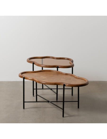Table basse gigogne originale Nuage en Bois d'hévéa Marron Verre Métal Noir Dalven - 2