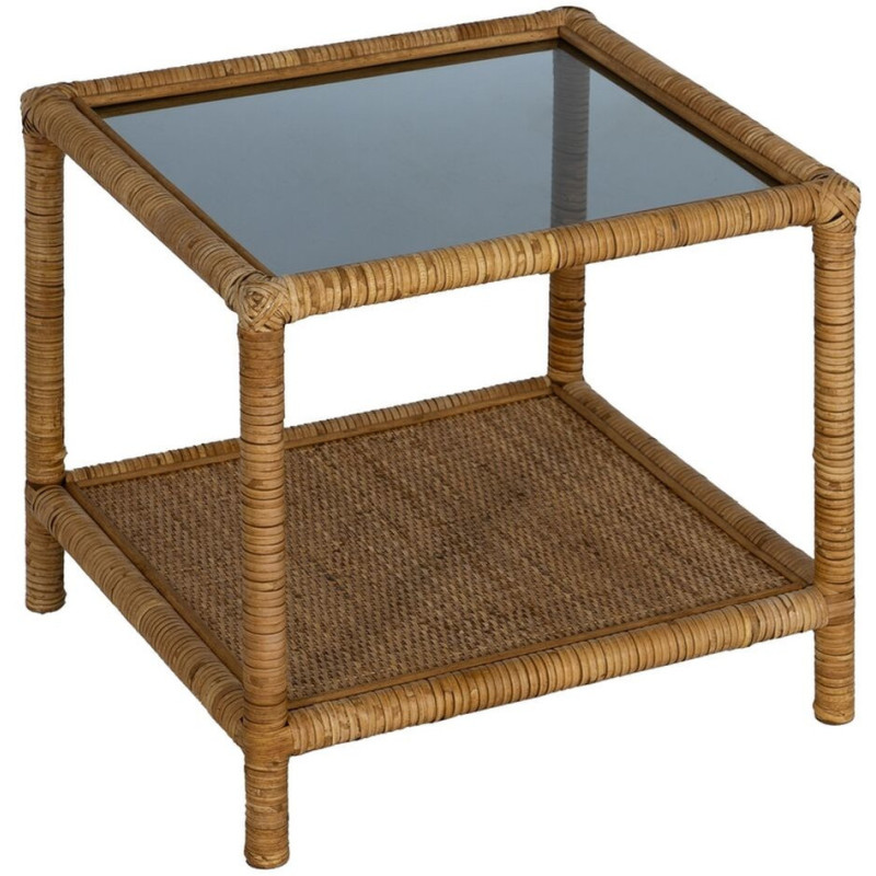 Table basse vintage Carrée 1 étagère en Rotin Naturel Verre Transparent Rattan - 1