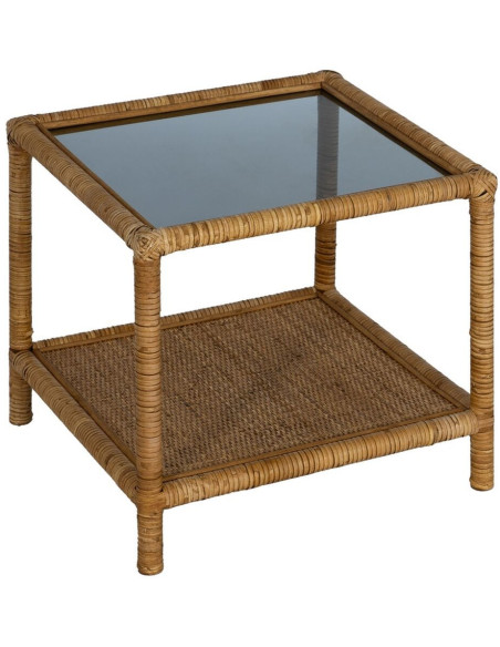Table basse vintage Carrée 1 étagère en Rotin Naturel Verre Transparent Rattan - 1