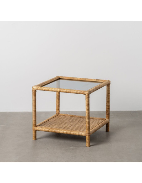 Table basse vintage Carrée 1 étagère en Rotin Naturel Verre Transparent Rattan - 2