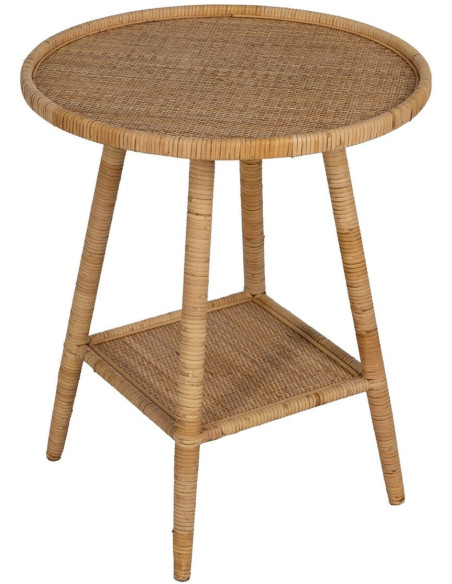 Table d'appoint vintage 60 cm Ronde 1 étagère en Rotin Naturel Rattan - 1