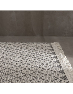 Tapis ethnique Rectangulaire 160x230 en Laine Coton Noir Blanc Avec franges Motif graphique Zalwen - 2