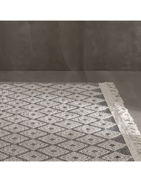 Tapis ethnique Rectangulaire 160x230 en Laine Coton Noir Blanc Avec franges Motif graphique Zalwen - 2