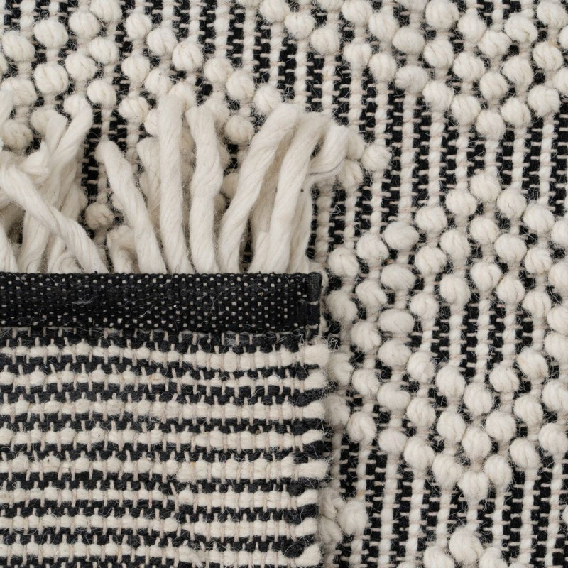 Tapis ethnique Rectangulaire 160x230 en Laine Coton Noir Blanc Avec franges Motif graphique Zalwen - 6