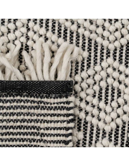 Tapis ethnique Rectangulaire 160x230 en Laine Coton Noir Blanc Avec franges Motif graphique Zalwen - 6