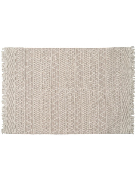 Grand Tapis ethnique Rectangulaire 200x300 en Laine Coton Blanc crème Beige Avec franges Motif graphique Jaryth - 1