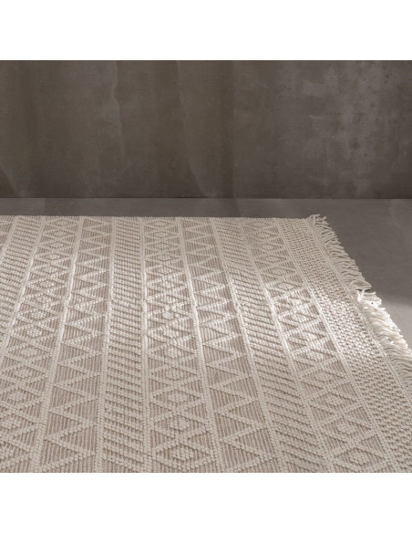 Grand Tapis ethnique Rectangulaire 200x300 en Laine Coton Blanc crème Beige Avec franges Motif graphique Jaryth - 2