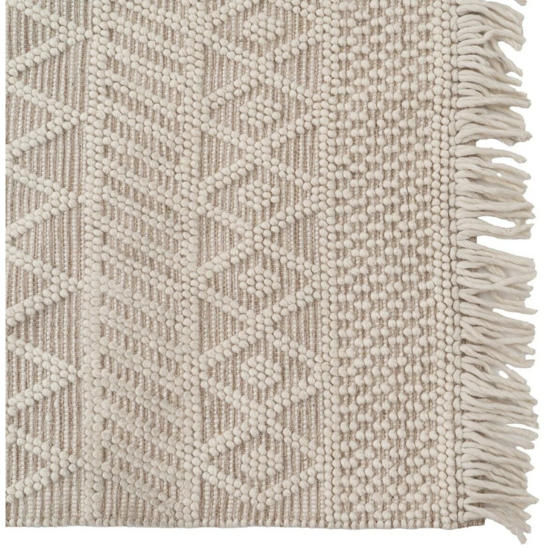 Grand Tapis ethnique Rectangulaire 200x300 en Laine Coton Blanc crème Beige Avec franges Motif graphique Jaryth - 4