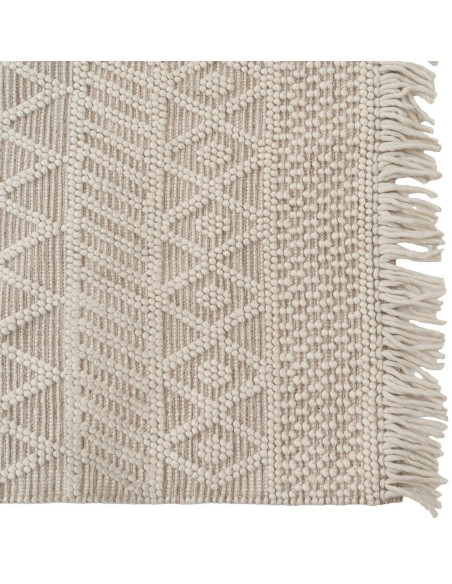 Grand Tapis ethnique Rectangulaire 200x300 en Laine Coton Blanc crème Beige Avec franges Motif graphique Jaryth - 4