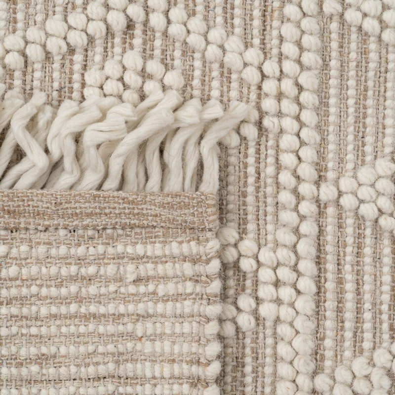 Grand Tapis ethnique Rectangulaire 200x300 en Laine Coton Blanc crème Beige Avec franges Motif graphique Jaryth - 6