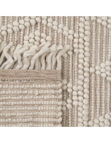 Grand Tapis ethnique Rectangulaire 200x300 en Laine Coton Blanc crème Beige Avec franges Motif graphique Jaryth - 6