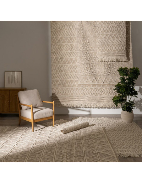 Grand Tapis ethnique Rectangulaire 200x300 en Laine Coton Blanc crème Beige Avec franges Motif graphique Jaryth - 7