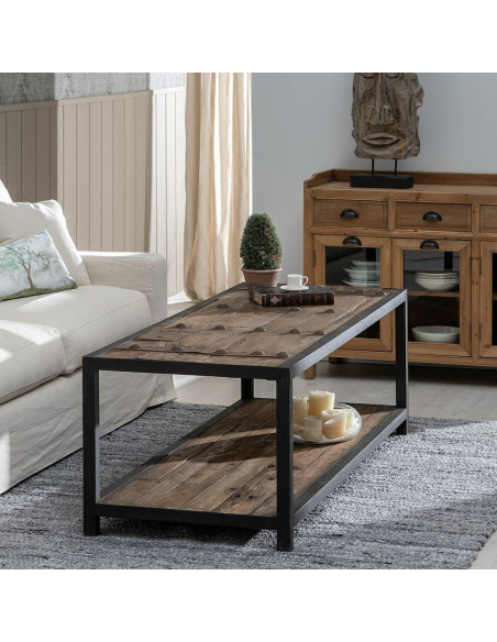 Grande Table basse industrielle Rectangulaire 1 étagère en Bois d'orme recyclé Naturel Métal Noir Firia - 4