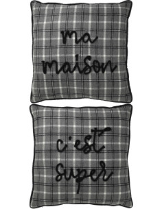 Coussin Carré Great 45x45 en Polyester Blanc Rouge Motif carreaux Message Ma Maison C'est Super (Lot de 2) - 1