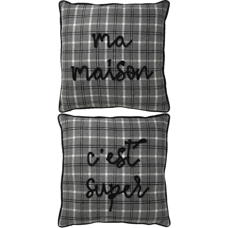 Coussin Carré Great 45x45 en Polyester Blanc Rouge Motif carreaux Message Ma Maison C'est Super (Lot de 2) - 1