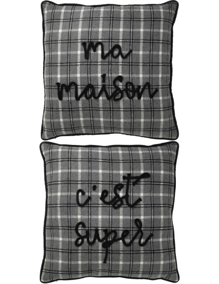 Coussin Carré Great 45x45 en Polyester Blanc Rouge Motif carreaux Message Ma Maison C'est Super (Lot de 2) - 1