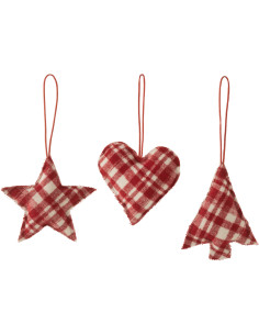 Suspension de Noël Coeur Étoile Sapin Hauteur 15 cm en Polyester Rouge Blanc Motif à carreaux (Lot de 3) - 1