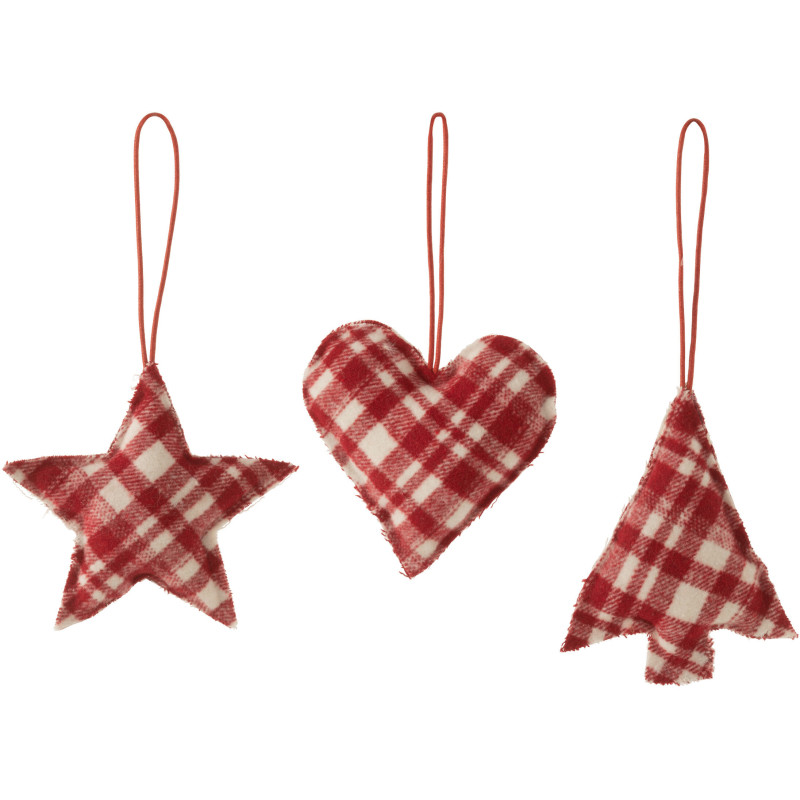 Suspension de Noël Coeur Étoile Sapin Hauteur 15 cm en Polyester Rouge Blanc Motif à carreaux (Lot de 3) - 1