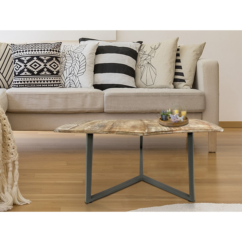 Table basse moderne Hexagonale en Métal Gris Bois de manguier massif Marron blanchi Vieilli Rynlex - 2